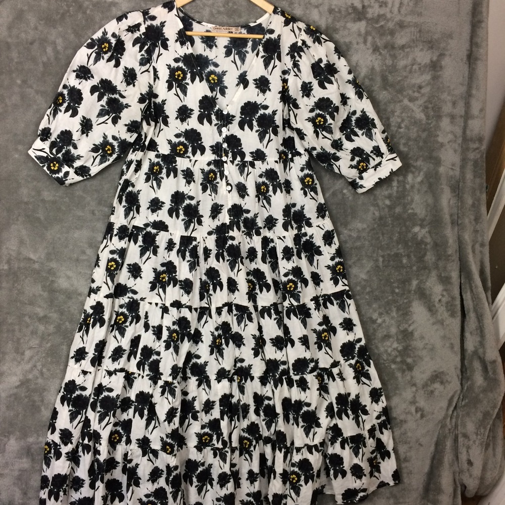 Dress Addict Womens XS Floral V-Neck A-Line Tiered Flowy Long Boho Cottagecore